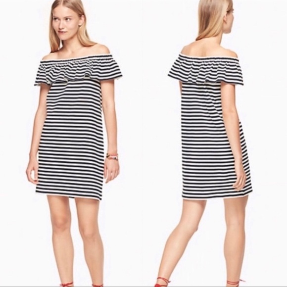 Kate Spade Black & White Striped Ruffle Off-Shoulder Dress - Picture 1 of 4